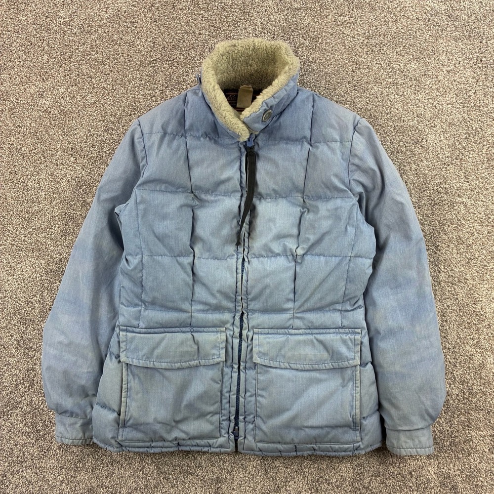 Vintage Eddie Bauer Down Puffer Jacket Women's Small Blue Sherpa Collar Quilted